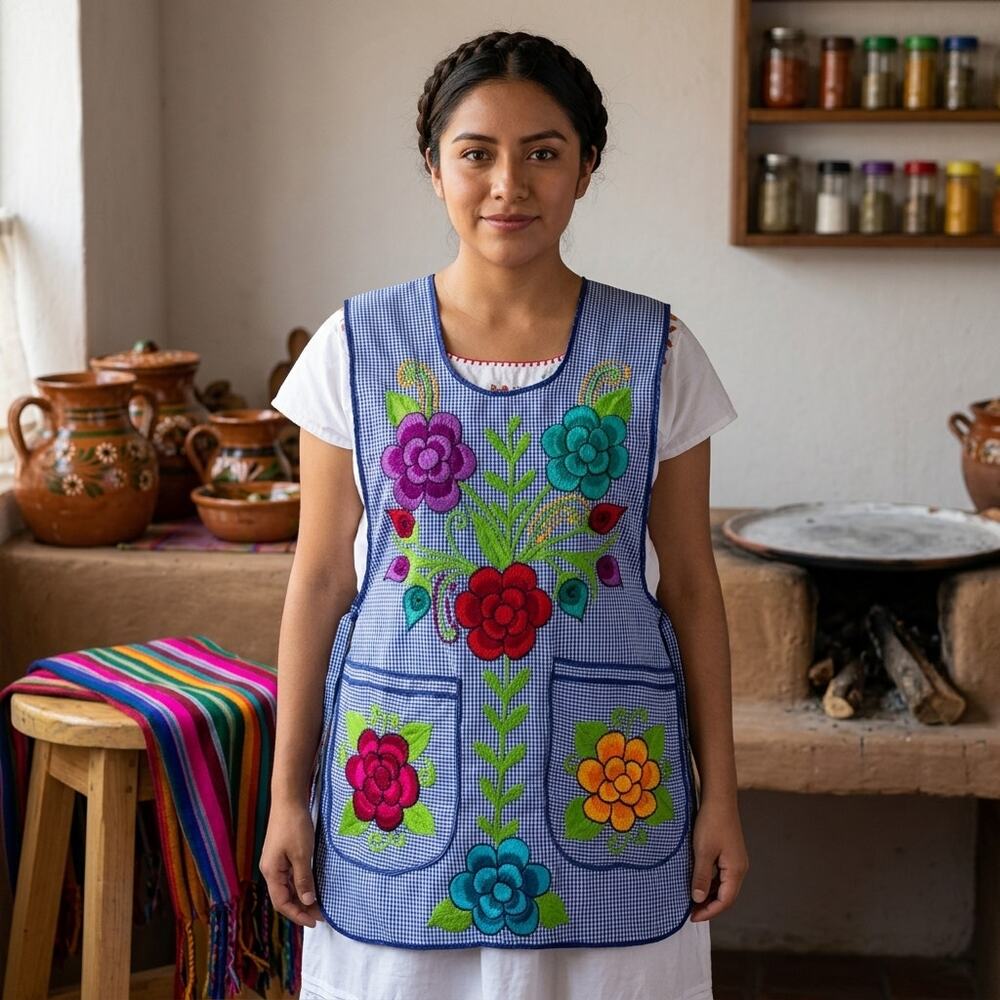 Mexican Embroidered Smock Apron – Floral Traditional Design 28 X 19 IN